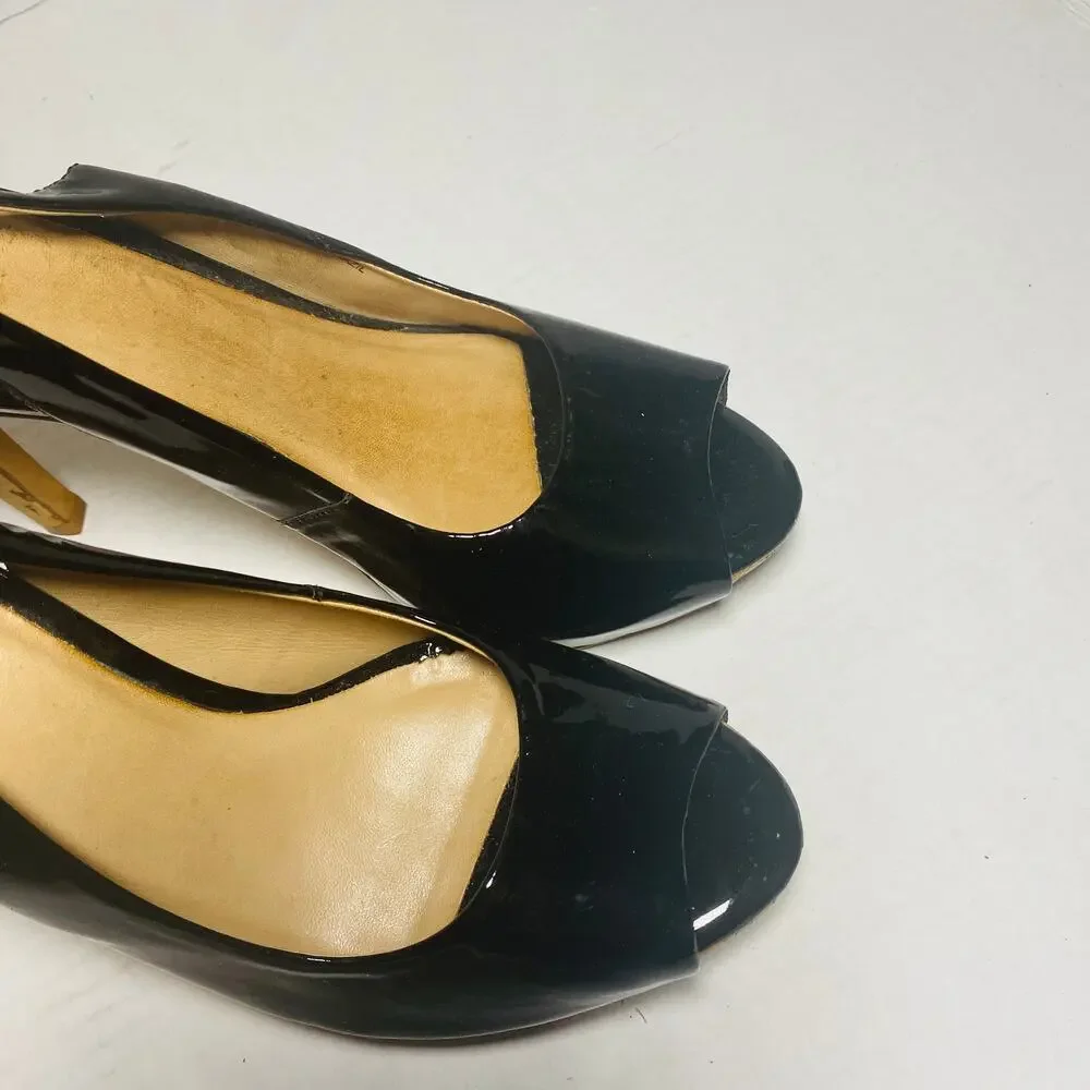 Pour La Victoire Black Patent Leather Peep Toe High Heel Slingback Pumps Sz 8